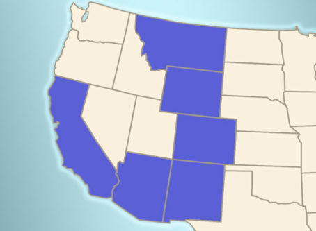Map with Arizona, California, Colorado, Montana, New Mexico ane Wyoming highlighted
