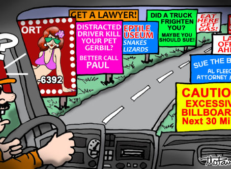 Drawing of truck driver, billboards