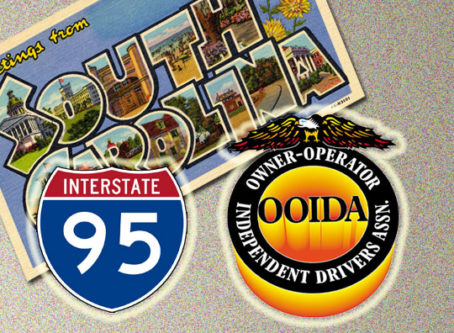 OOIDA logo, I-95 sign, South Carolina postcard
