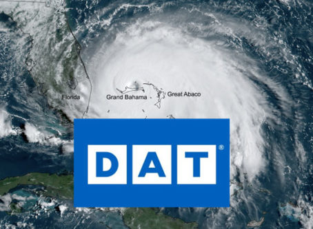 DAT logo, NOAA image of Hurricane Dorian rates for vans and reefers