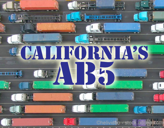 California's AB5 independent contractor law over image of lines of trucks a a California port