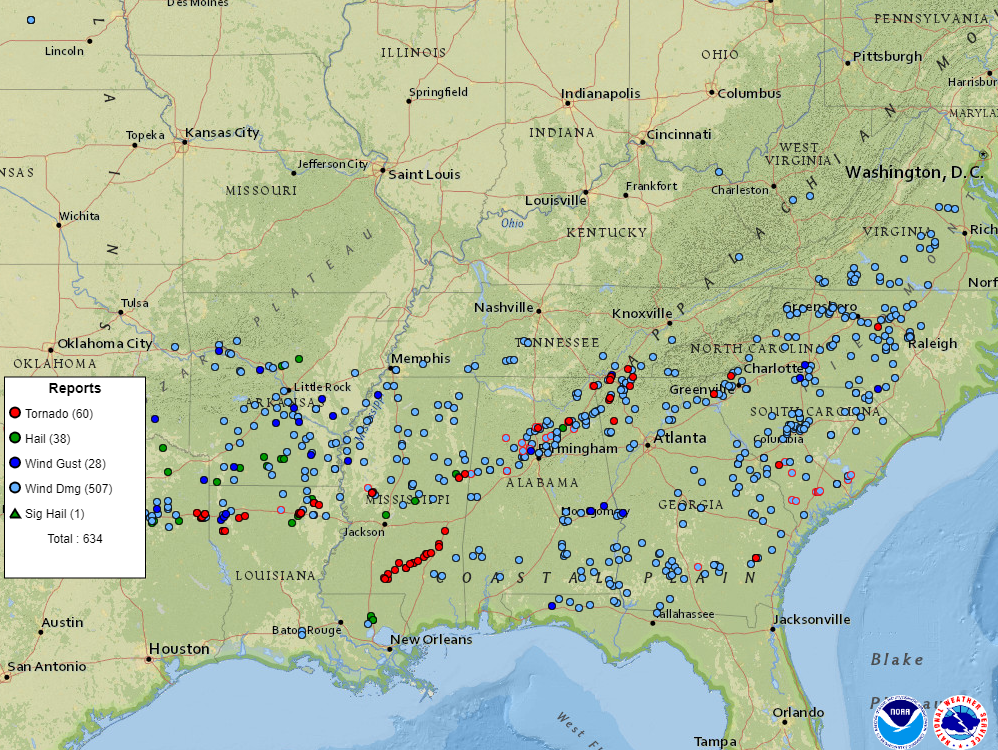NWS severe storm reports map