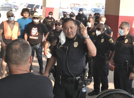 Houston Police Chief Art Acevedo tells demonstrating truck drivers on April 20 to protest in other ways than blocking city roadways. (Courtesy Houston Police Department via Twitter.com)