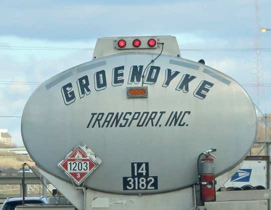 tanker truck Groendyke tank trailer with added light.