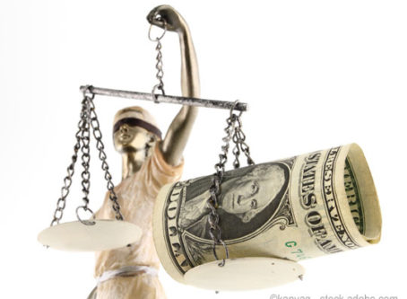 Lady Justice, scales of justice, money