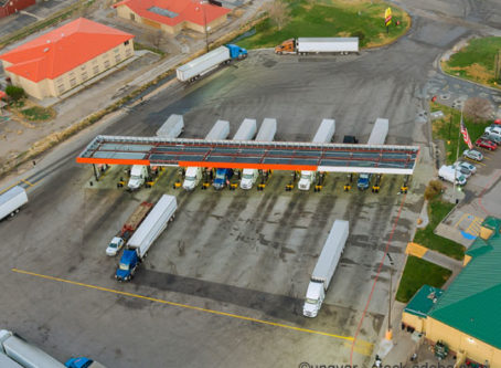 Aerial shot of diesel pumps at truck stop