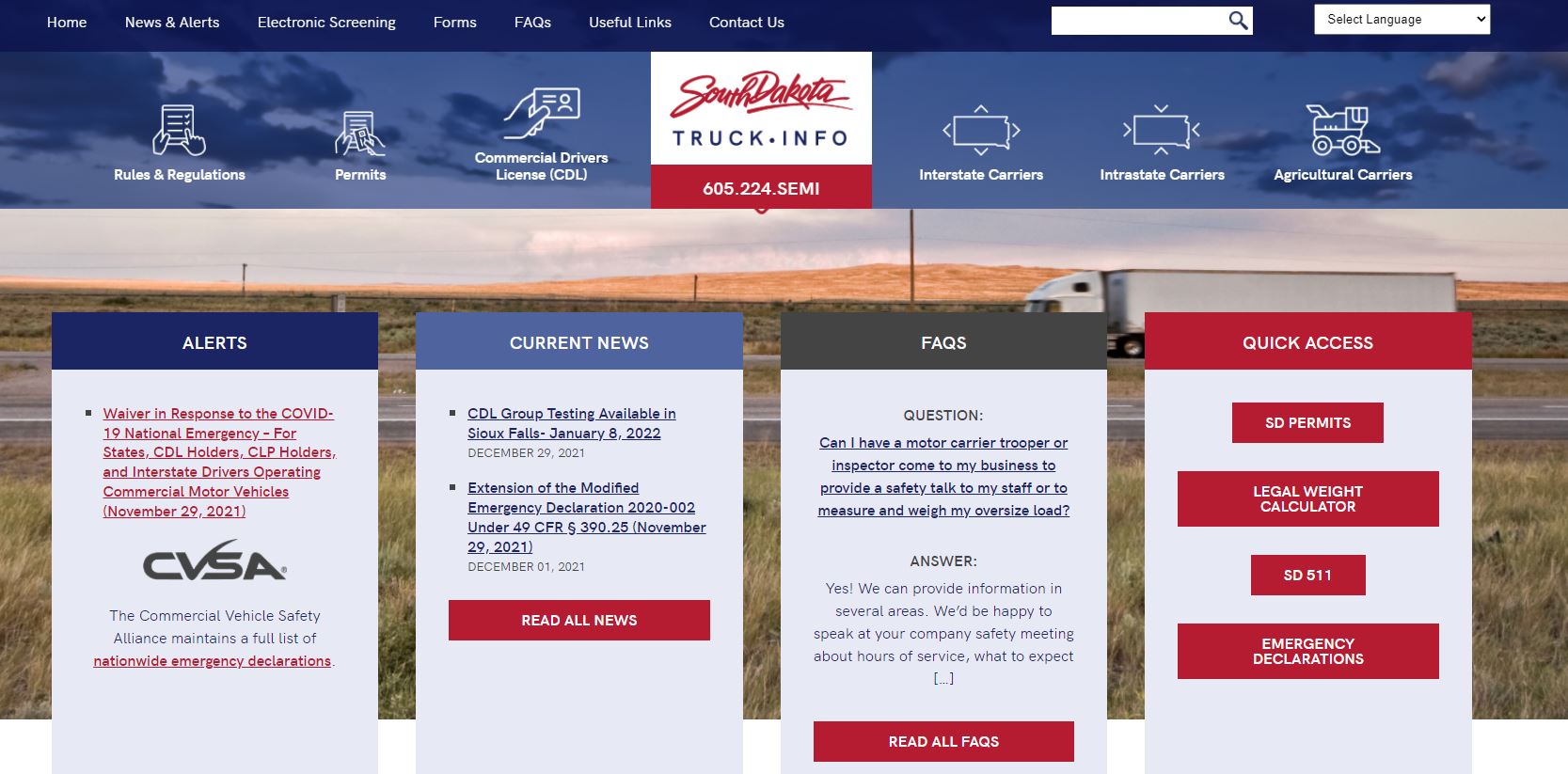 Screenshot of South Dakota Trucking Information website