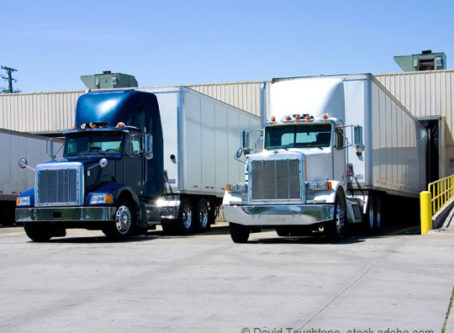 Truck freight, tractor-trailers at loading dock