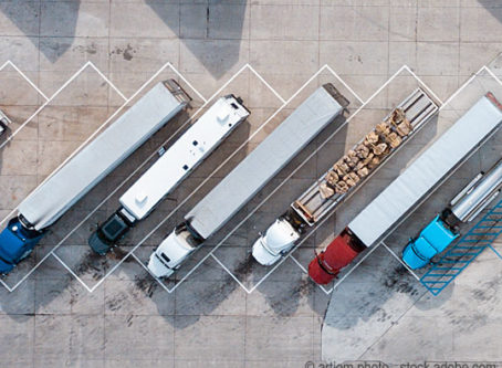 Tractor-trailer truck parking, aerial view
