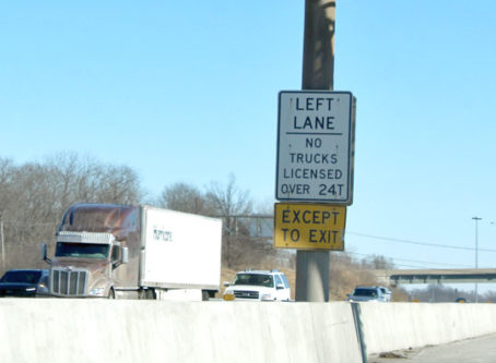 Left lane, no trucks sign on I-435 in KCMO area
