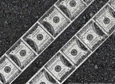 Road funding, Hundred dollar bills as lines on asphalt highway. Image by makovsky Art