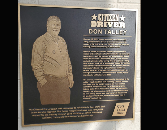 Don Talley Citizen Driver plaque at the Gaston, Ind., Petro