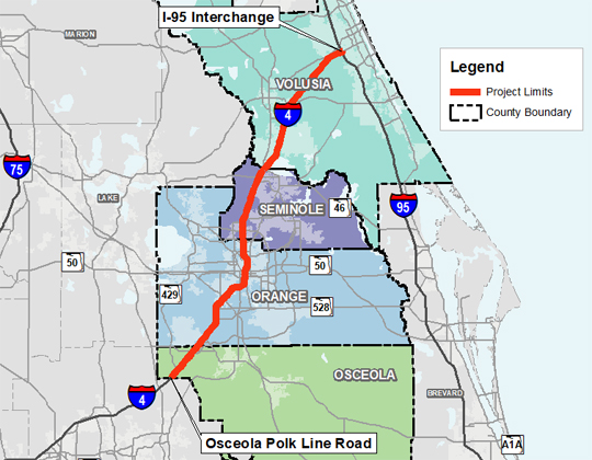 I-4 corridor in Osceola, Orange, Seminole, and Volusia counties.