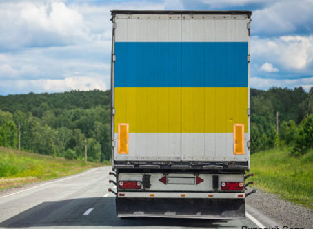 A truck with the national flag of Ukraine depicted on the back door