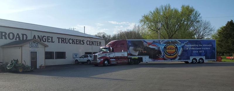 The OOIDA tour trailer at Road Angel Truckers Center at I-70 and U.S. 40 in Illinois