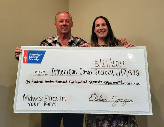Eldon Jaeger and Midwest Pride in Your Ride donation to the American Cancer Society