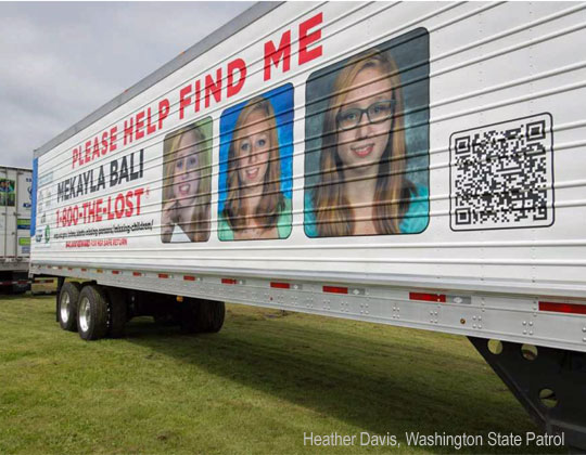 Missing woman featured on truck, trailer wrap campaign. Photo by Heather Davis, Washington State Patrol