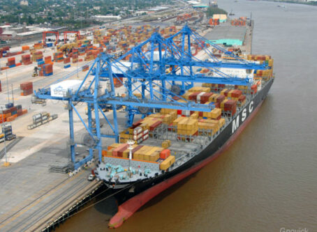Container ship is unloaded at the Napoleon Avenue terminal at the Port of New Orleans.