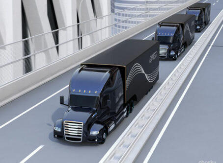 Autonomous trucks on highway 3D image by chesky