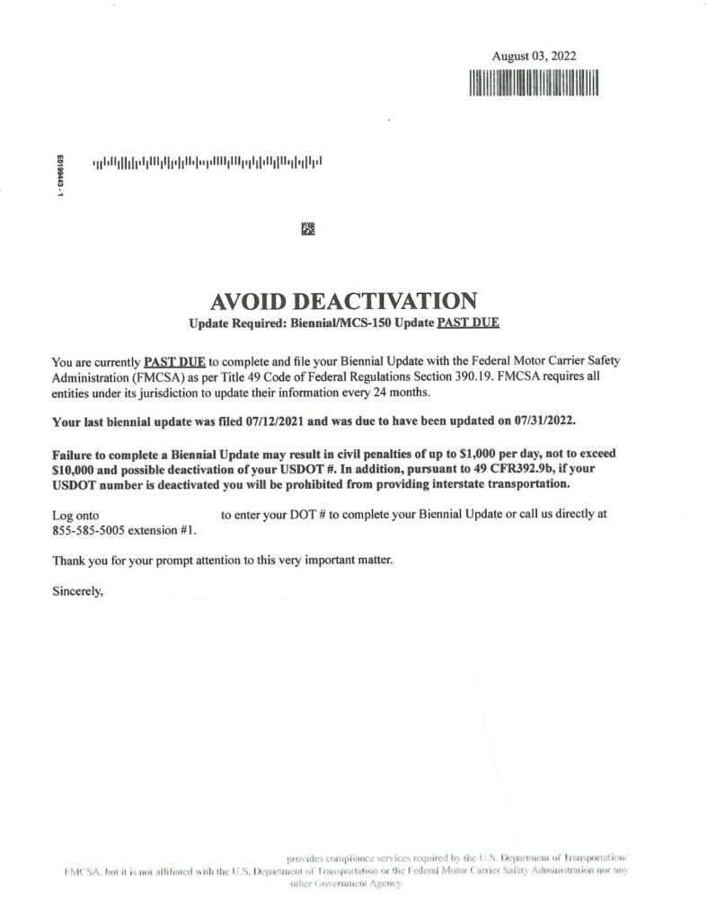 OOIDA Business Services got this notice about biennial updates