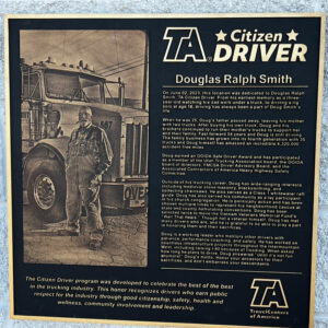 Plaque in Toole, Utah, honoring 2022 Citizen Driver Doug Smith