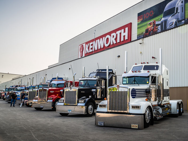 Parade trucks lined up before parade at the Chillicothe plant. Kenworth 2023 parade in Chillicothe, Ohio. Photos courtesy Kenworth Truck.